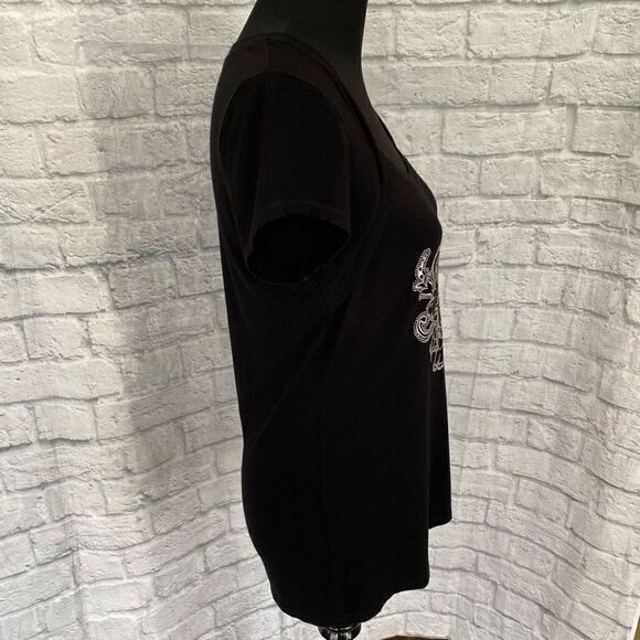 White House black market scoopneck top w/silver studded floral print women sz M - Picture 5 of 10